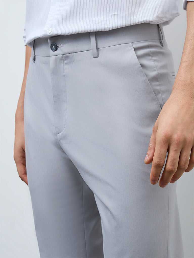 WES Formals Grey Slim-Fit Mid-Rise Trousers