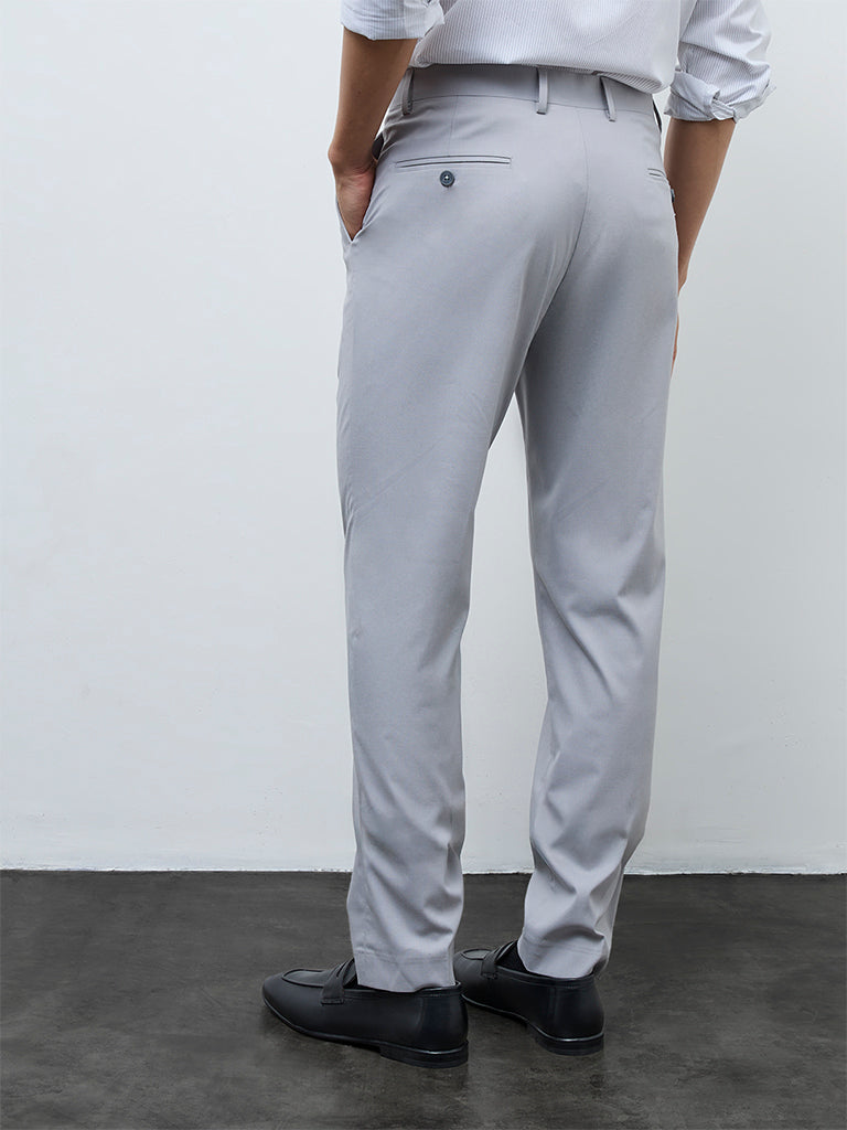 WES Formals Grey Slim-Fit Mid-Rise Trousers