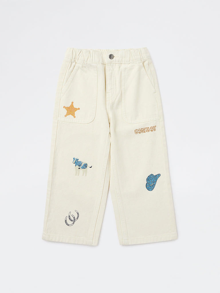HOP Kids Boys Boys Off-White Printed Mid-Rise Jeans