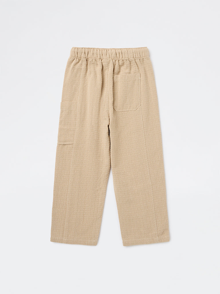 HOP Kids Boys Beige Textured Mid-Rise Cotton Pants