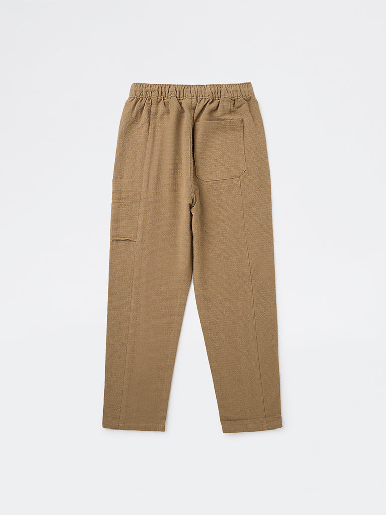 HOP Kids Boys Taupe Textured Mid-Rise Cotton Trousers