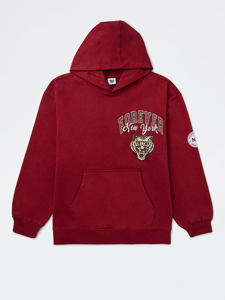 Boys Red Graphic Printed Cotton Hooded Sweatshirt
