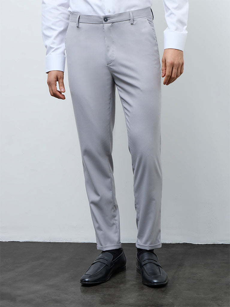 WES Formals Grey Slim-Fit Mid-Rise Trousers
