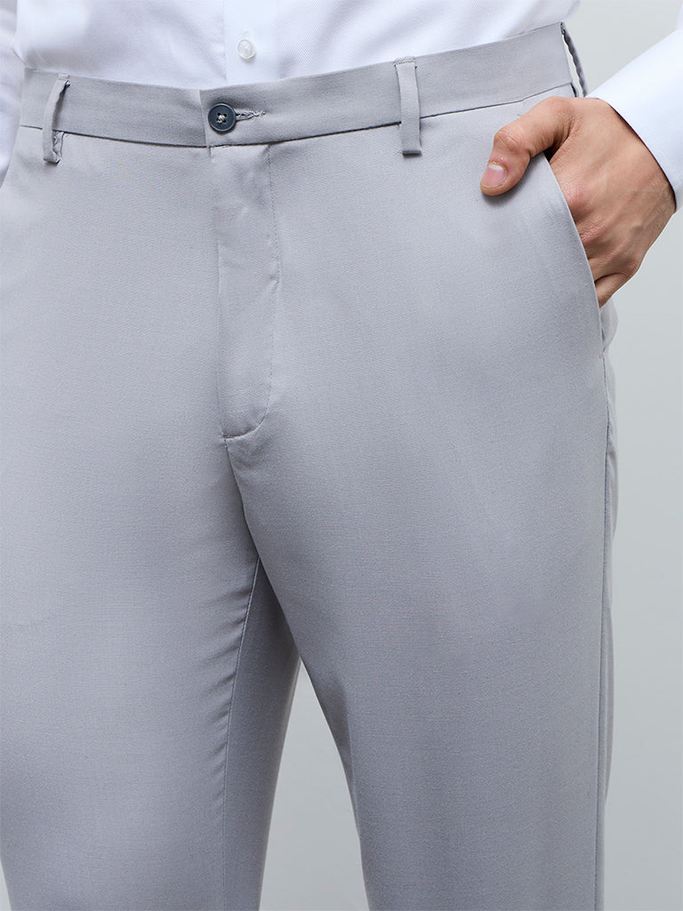 WES Formals Grey Slim-Fit Mid-Rise Trousers