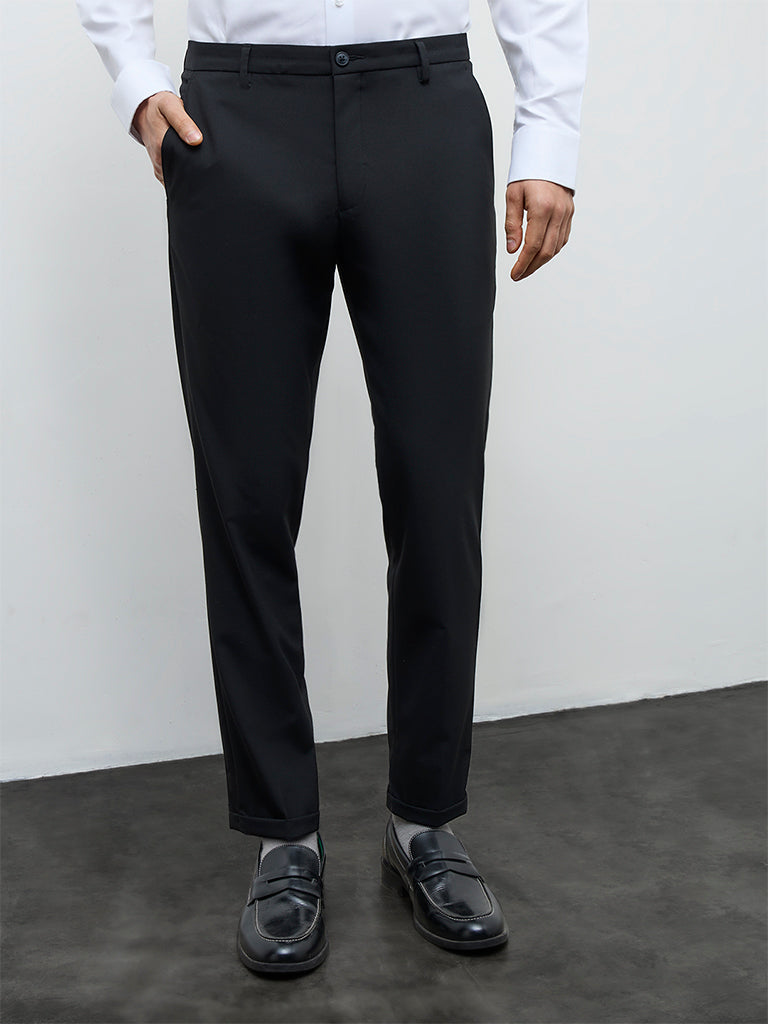 WES Formals Black Slim-Fit Mid-Rise Trousers