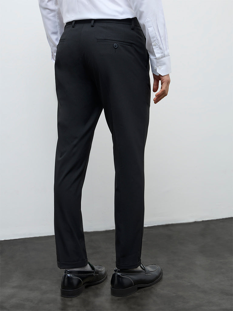 WES Formals Black Slim-Fit Mid-Rise Trousers