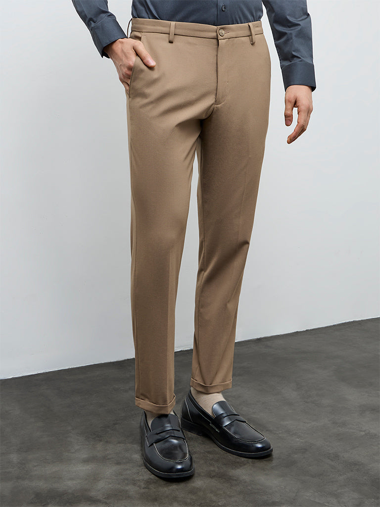 WES Formals Khaki Slim-Fit Mid-Rise Trousers