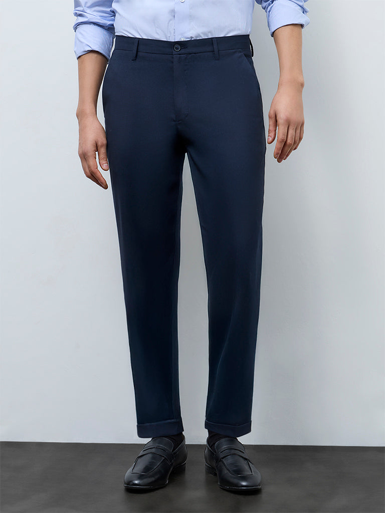 WES Formals Navy Slim-Fit Mid-Rise Trousers