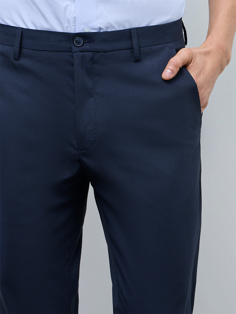 WES Formals Navy Slim-Fit Mid-Rise Trousers