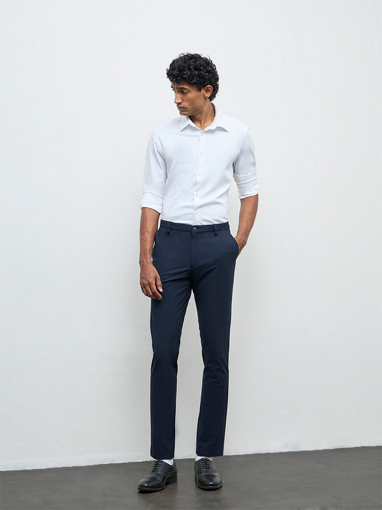WES Formals Navy Solid Slim-Fit Mid-Rise Trousers