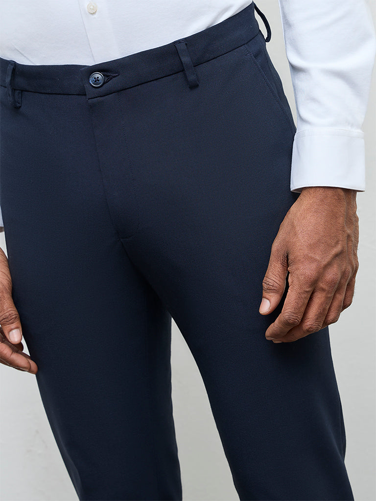 WES Formals Navy Solid Slim-Fit Mid-Rise Trousers