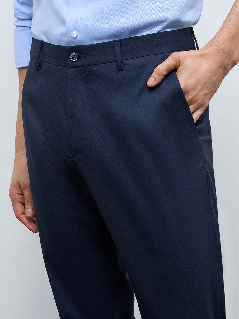 WES Formals Navy Relaxed-Fit Mid-Rise Trousers