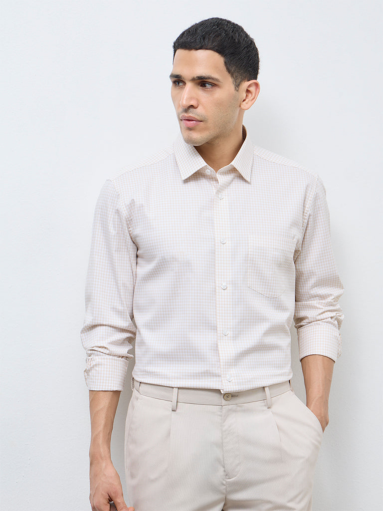 WES Formals Beige Checkered Relaxed-Fit Cotton Shirt