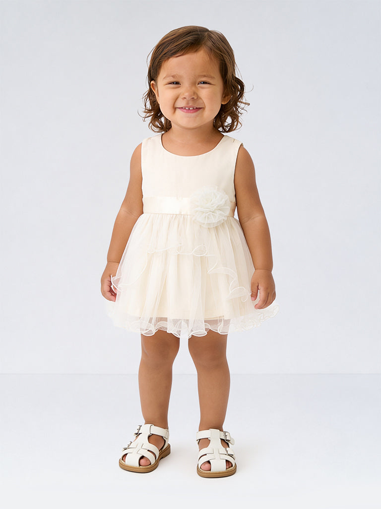 HOP Baby Girls Off-White Sheer Overlay Fit-and-Flare Dress