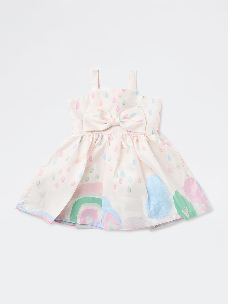 HOP Baby Girls White Printed Fit-and-Flare Dress