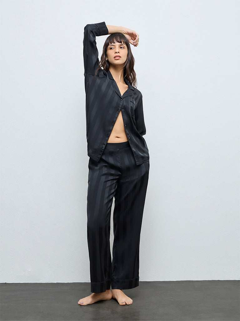 Wunderlove Black Striped Satin Shirt and Pyjamas Set
