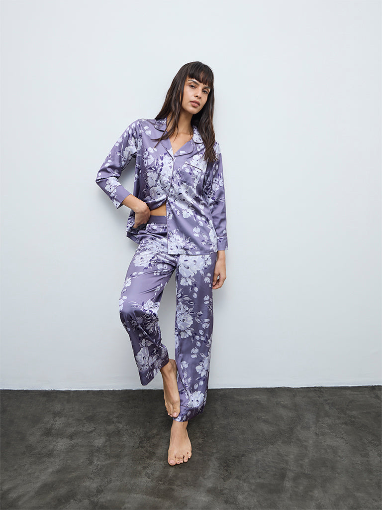 Wunderlove Lavender Floral Satin Shirt and Pyjama Set