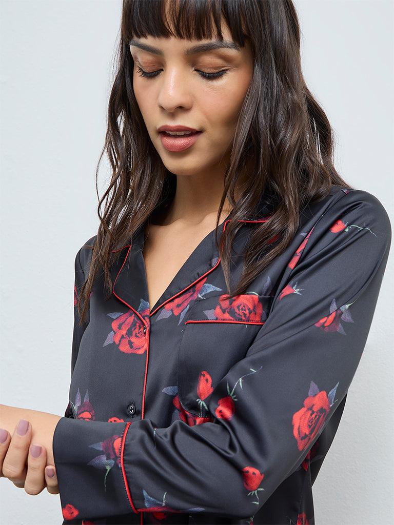 Wunderlove Black Floral Shirt and Pyjamas Set