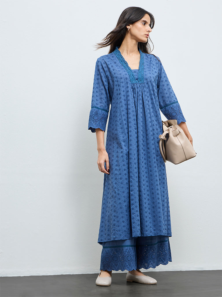 Zuba Indigo Schiffli Embroidered Anarkali Kurta