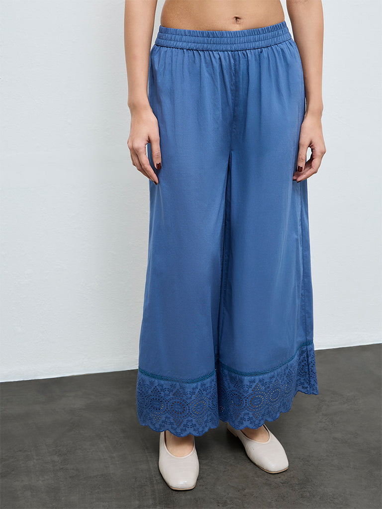 Zuba Indigo Schiffli Embroidered Palazzos