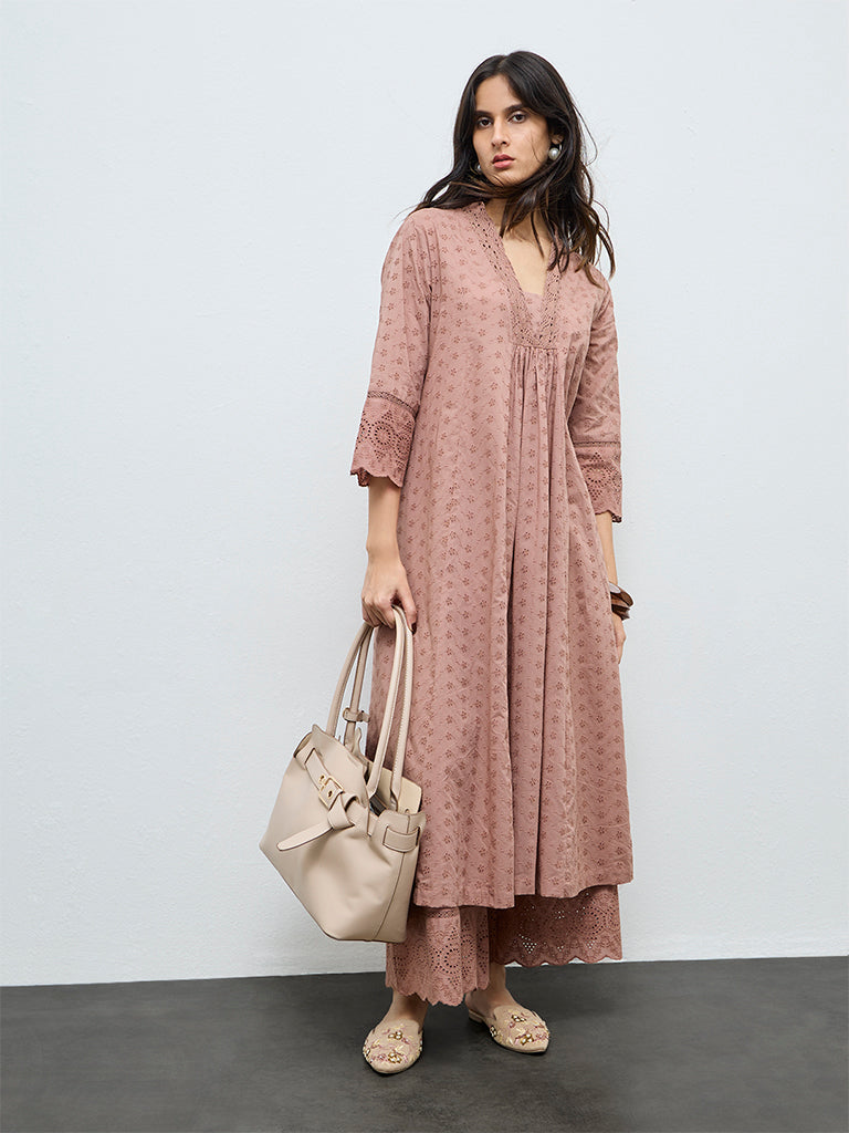 Zuba Brown Schiffli Embroidered Palazzos