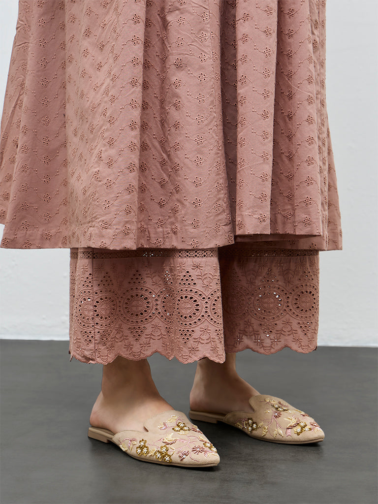 Zuba Brown Schiffli Embroidered Palazzos