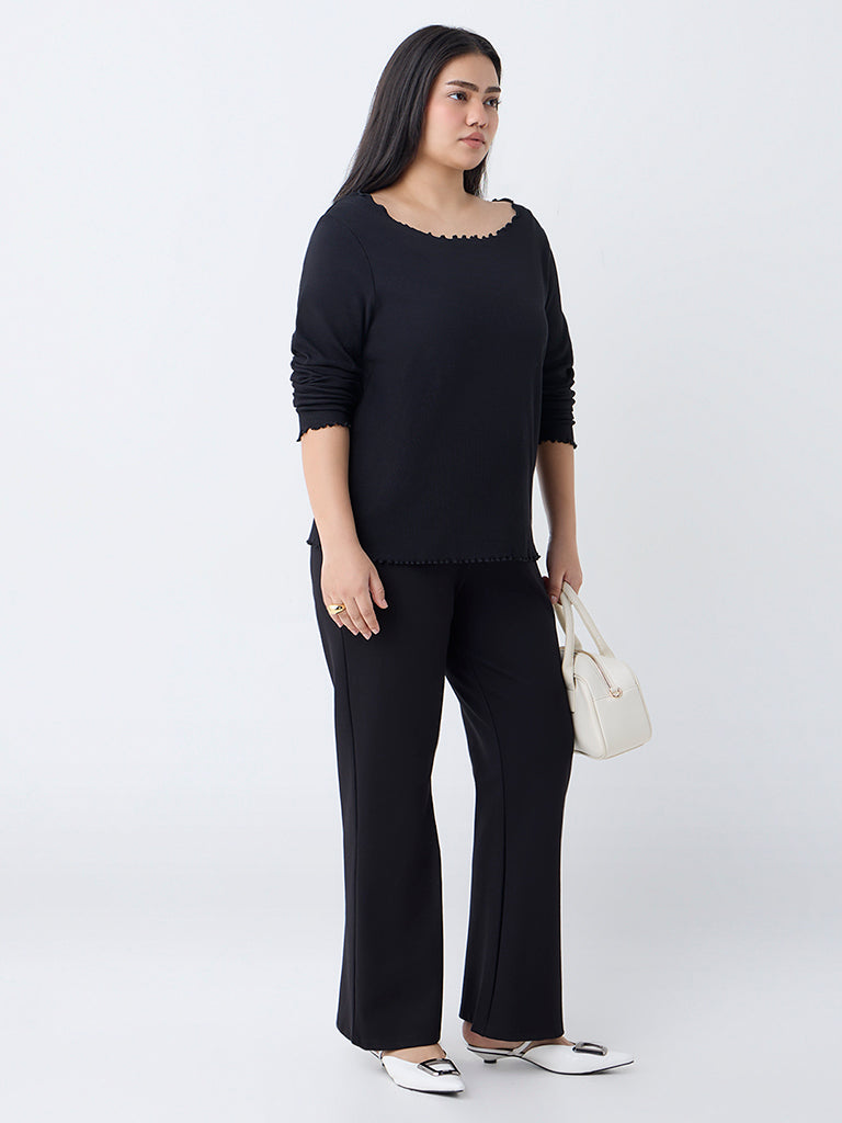 Gia Black Ribbed-Textured T-Shirt