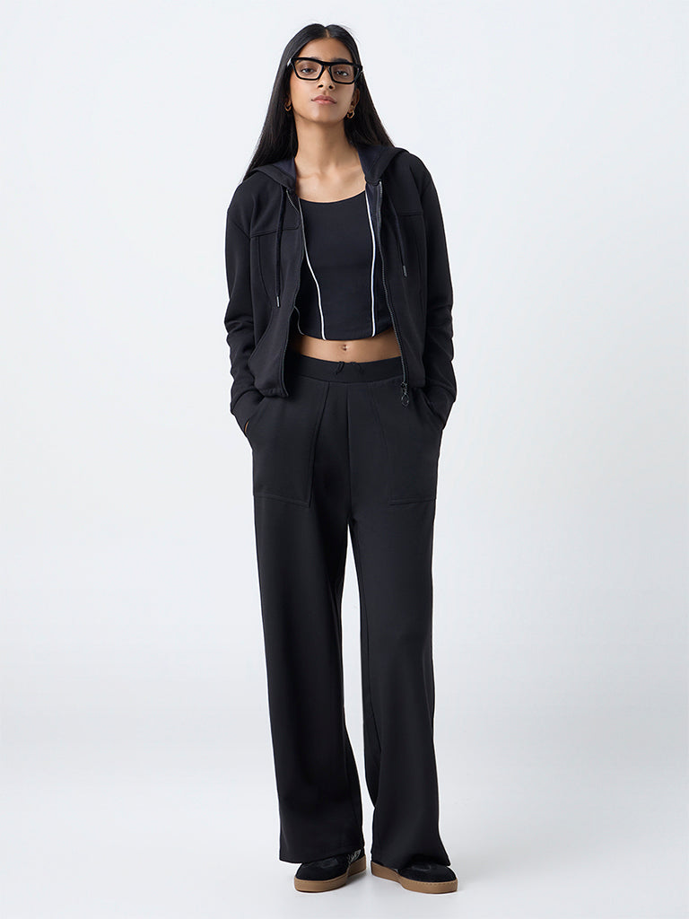 Studiofit Black Solid Hooded Jacket