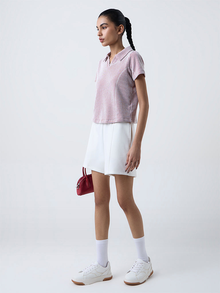 Studiofit Maroon Striped Cotton-Blend T-Shirt