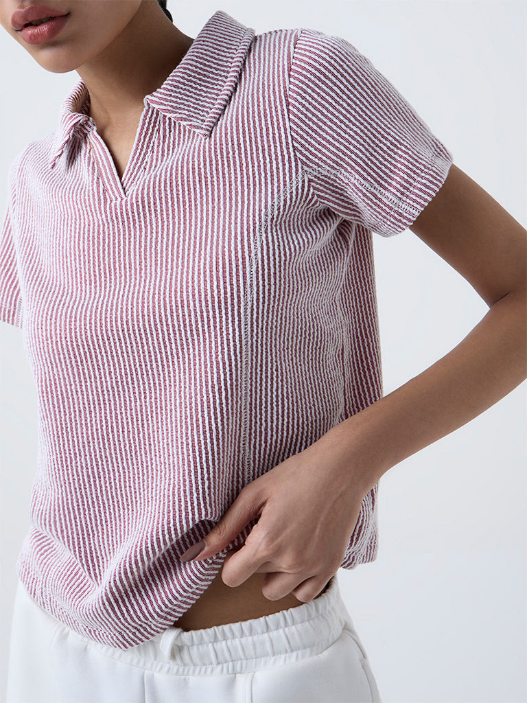 Studiofit Maroon Striped Cotton-Blend T-Shirt