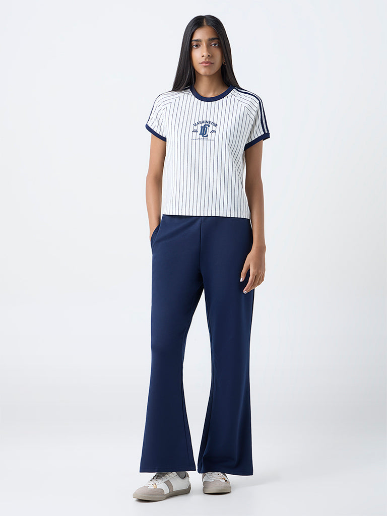 Studiofit White Striped Cotton-Blend T-Shirt