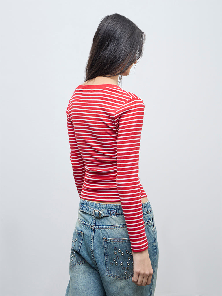 Nuon Red Striped Cotton-Blend Top