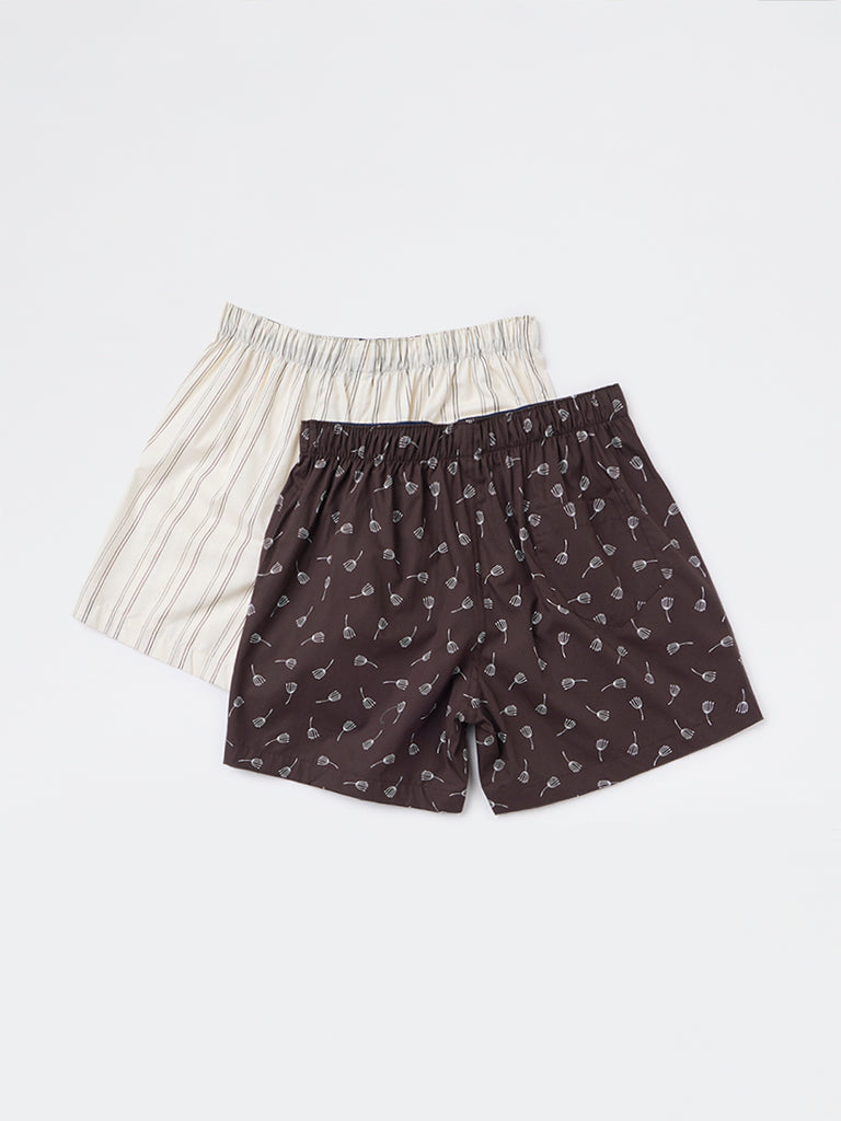 WES Lounge Brown Relaxed-Fit Cotton Boxers - Pack of 2
