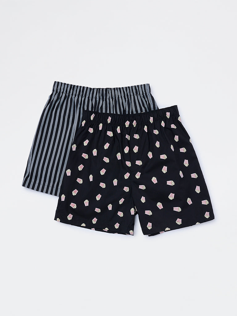 WES Lounge Black Printed Relaxed-Fit Cotton Boxers - Pack of 2