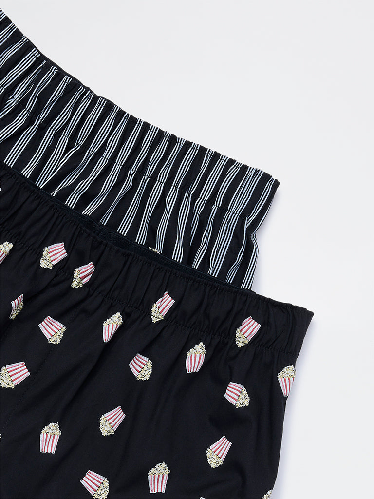 WES Lounge Black Printed Relaxed-Fit Cotton Boxers - Pack of 2