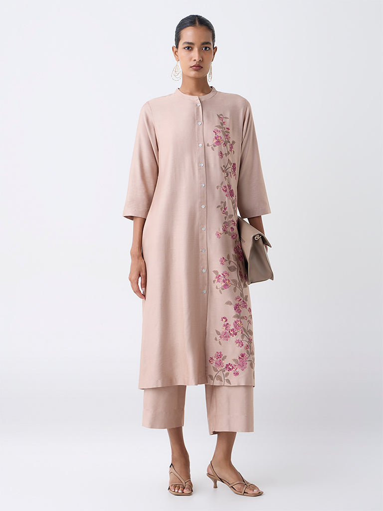 Zuba Beige Floral Printed A-Line Kurta
