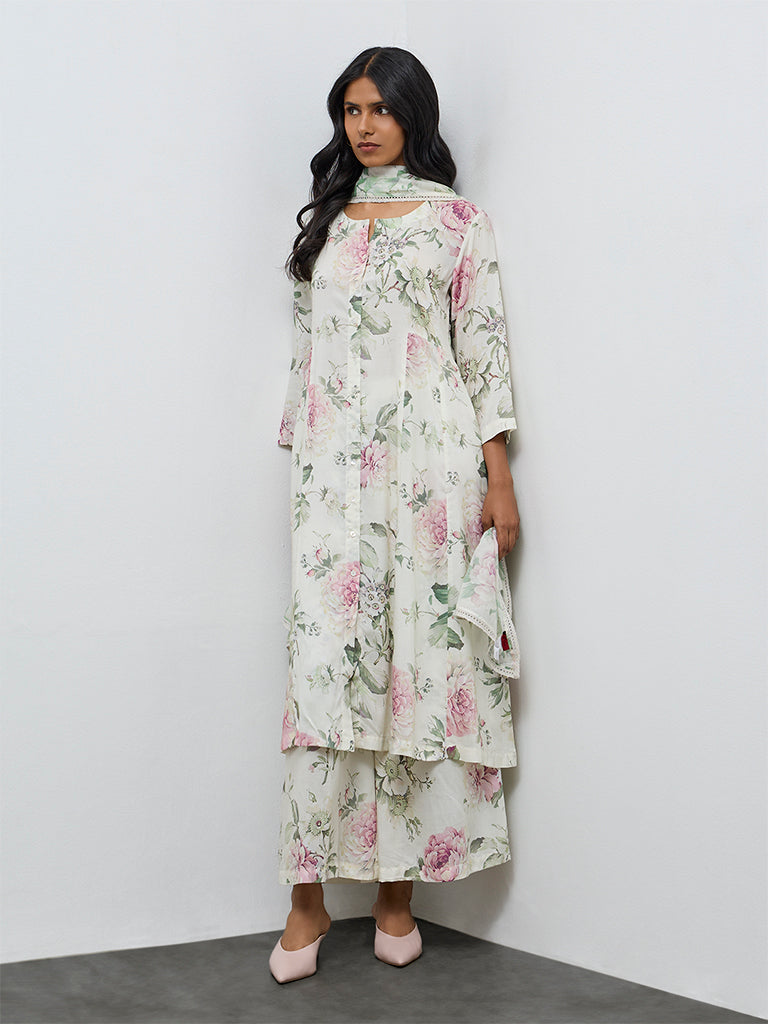 Zuba Off-White Floral A-Line Kurta