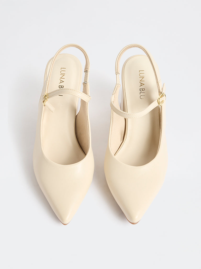 LUNA BLU Ivory Slingback Block Mules