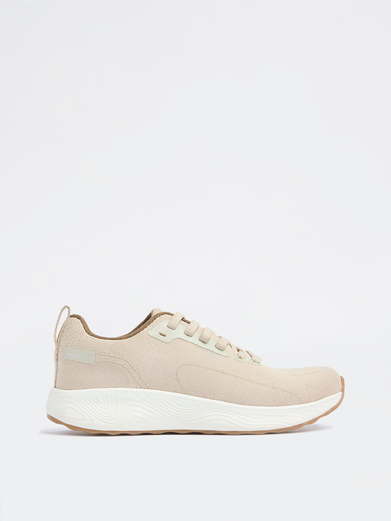 LUNA BLU Beige Knit-Textured Lace-Up Sneakers