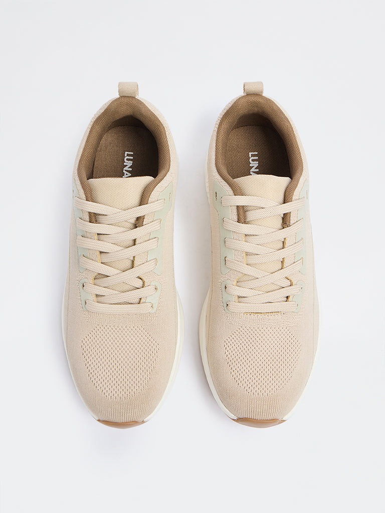 LUNA BLU Beige Knit-Textured Lace-Up Sneakers