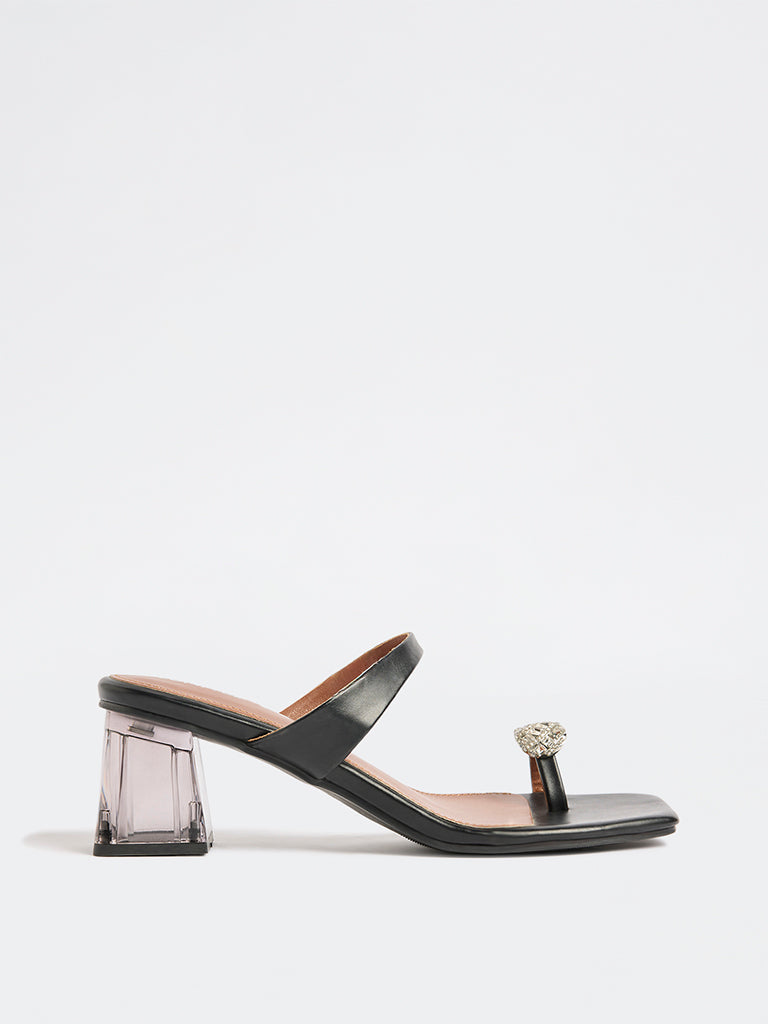 LUNA BLU Black Embellished Toe-Ring Heel Sandals