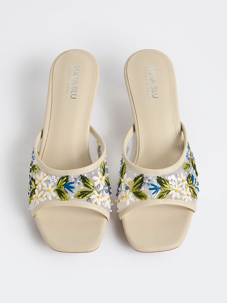 LUNA BLU Blue Embroidered Kitten Heel Sandals