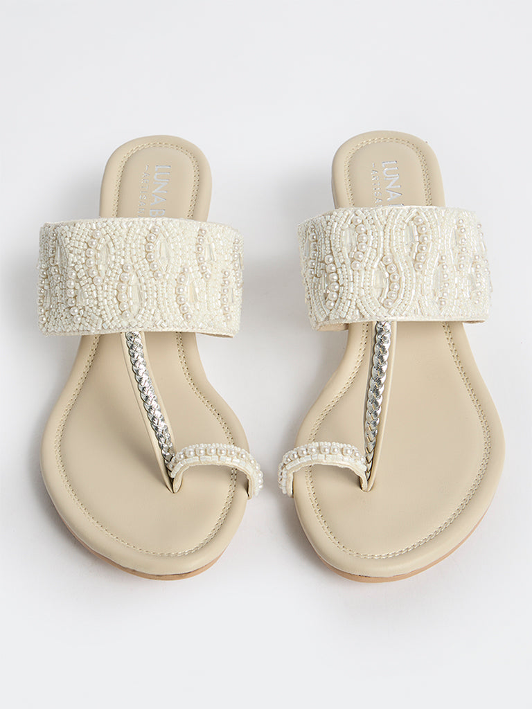 LUNA BLU Ivory Pearlescent Kolhapuri Wedge Heel Sandals