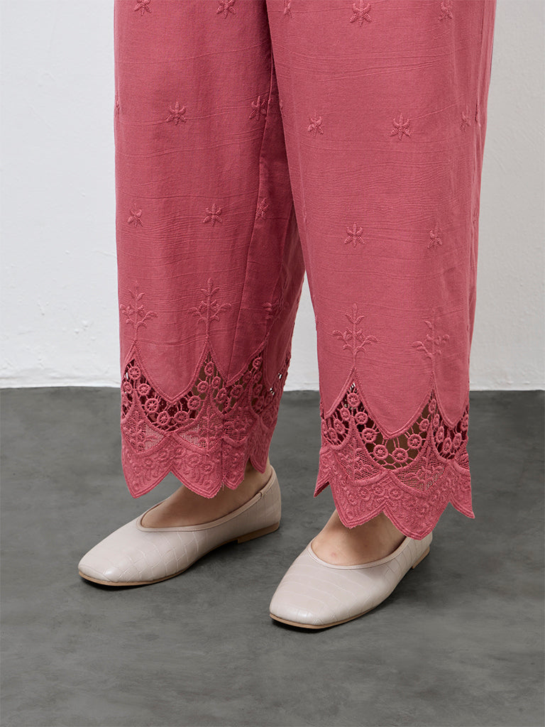 Diza Dusty Pink Embroidered Cotton Pants