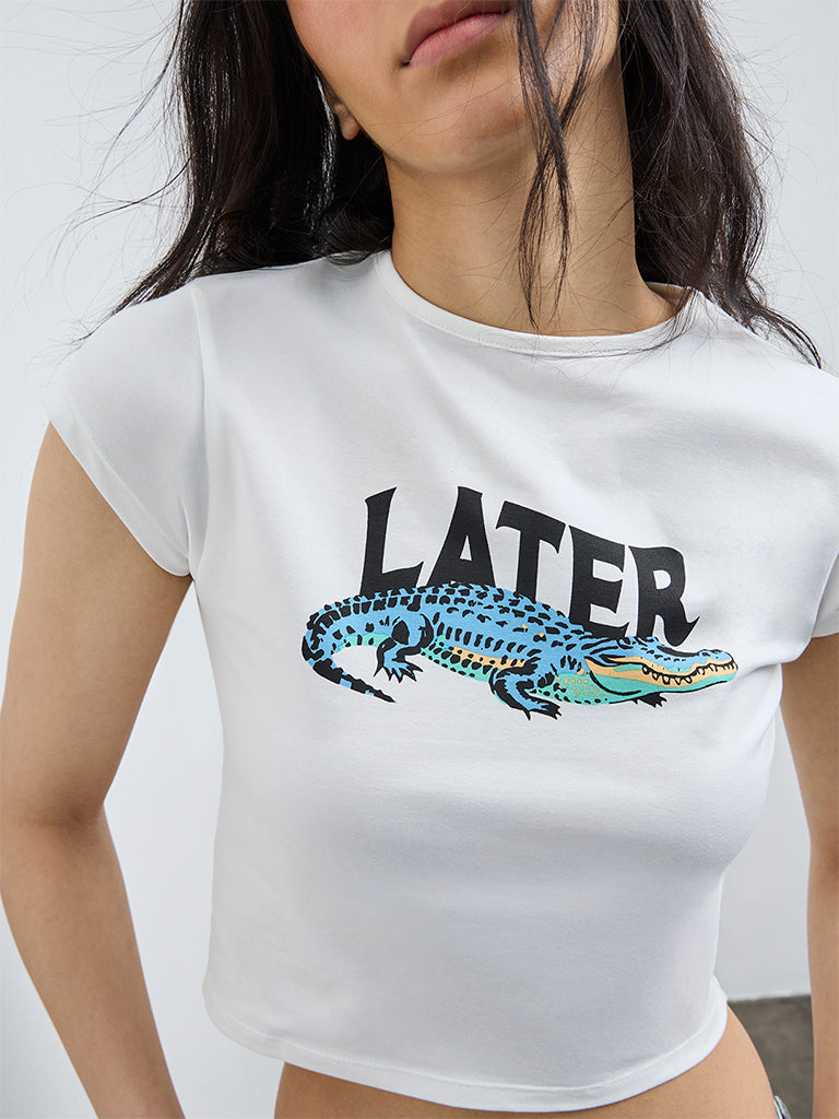Nuon White Printed Cotton-Blend T-Shirt