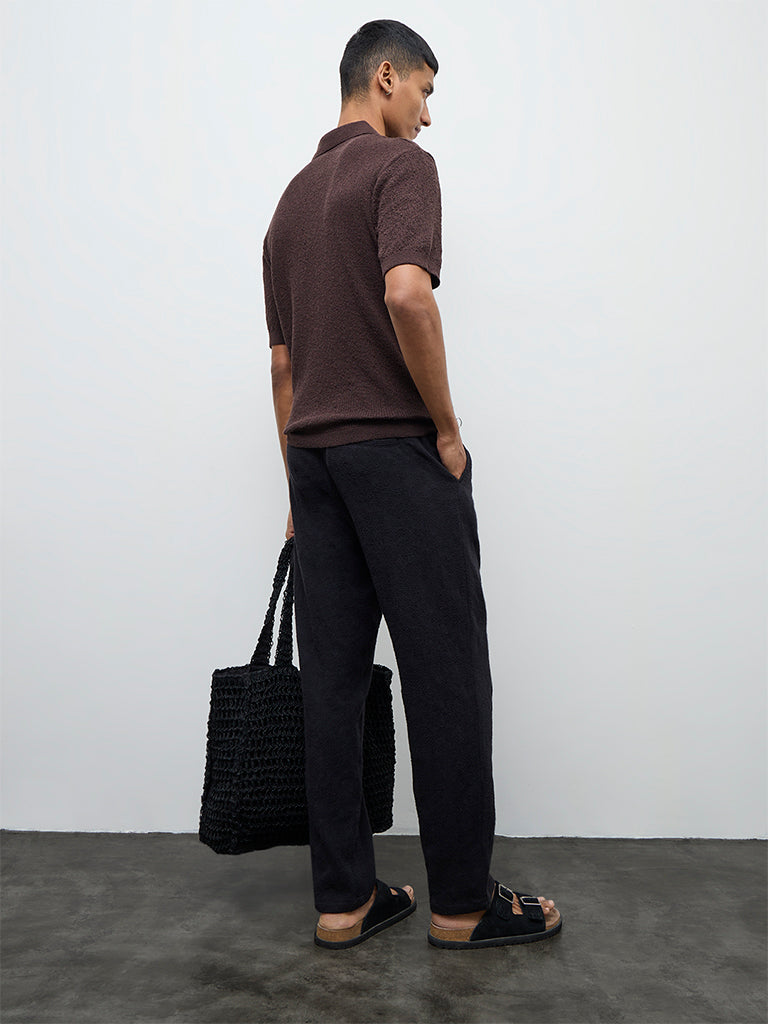 ETA Black Textured Relaxed-Fit Mid-Rise Cotton Chinos