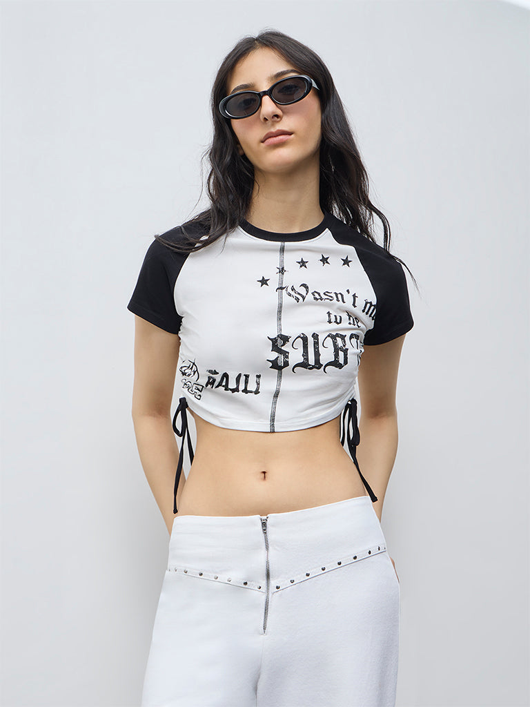 Nuon White Text Printed Cotton-Blend T-Shirt