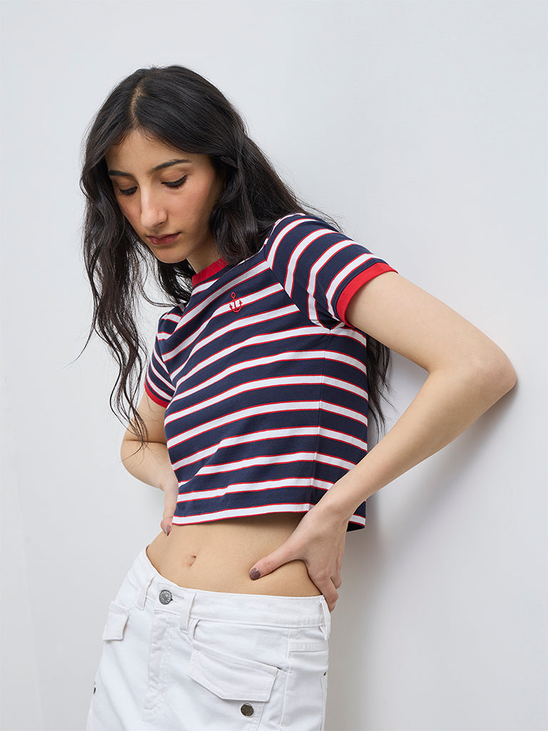 Nuon Navy Stripe Printed Cotton-Blend T-Shirt