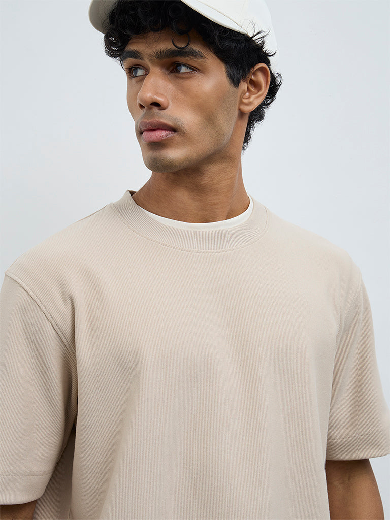 Nuoflexx Beige Ribbed Relaxed-Fit Cotton-Blend T-Shirt