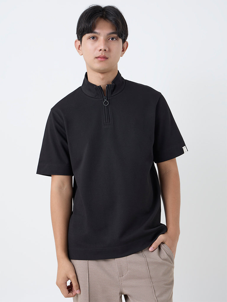 Studiofit Black Slim-Fit Quarter-Zip T-Shirt